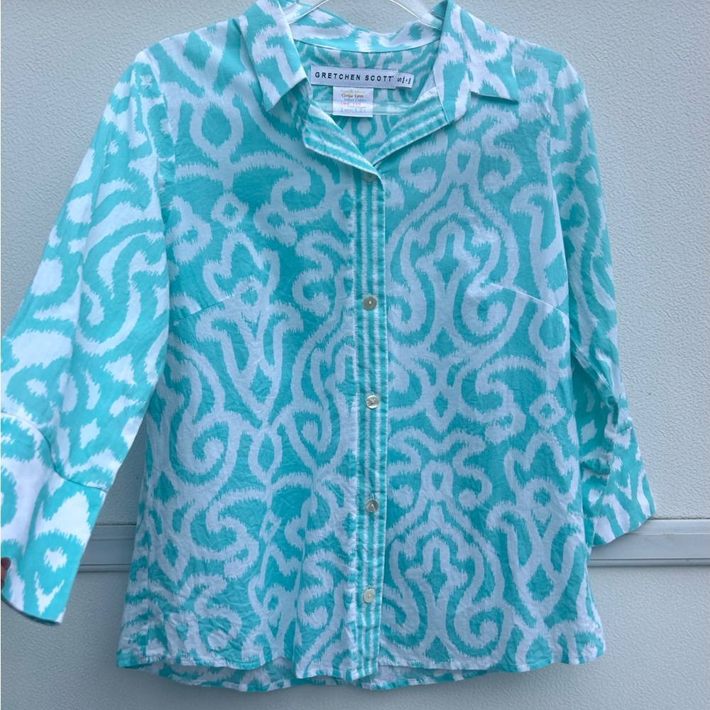 Gretchen Scott Top Women S Blue Button Up Everywhere Arabesque 100% Cotton Shirt - Picture 5 of 13